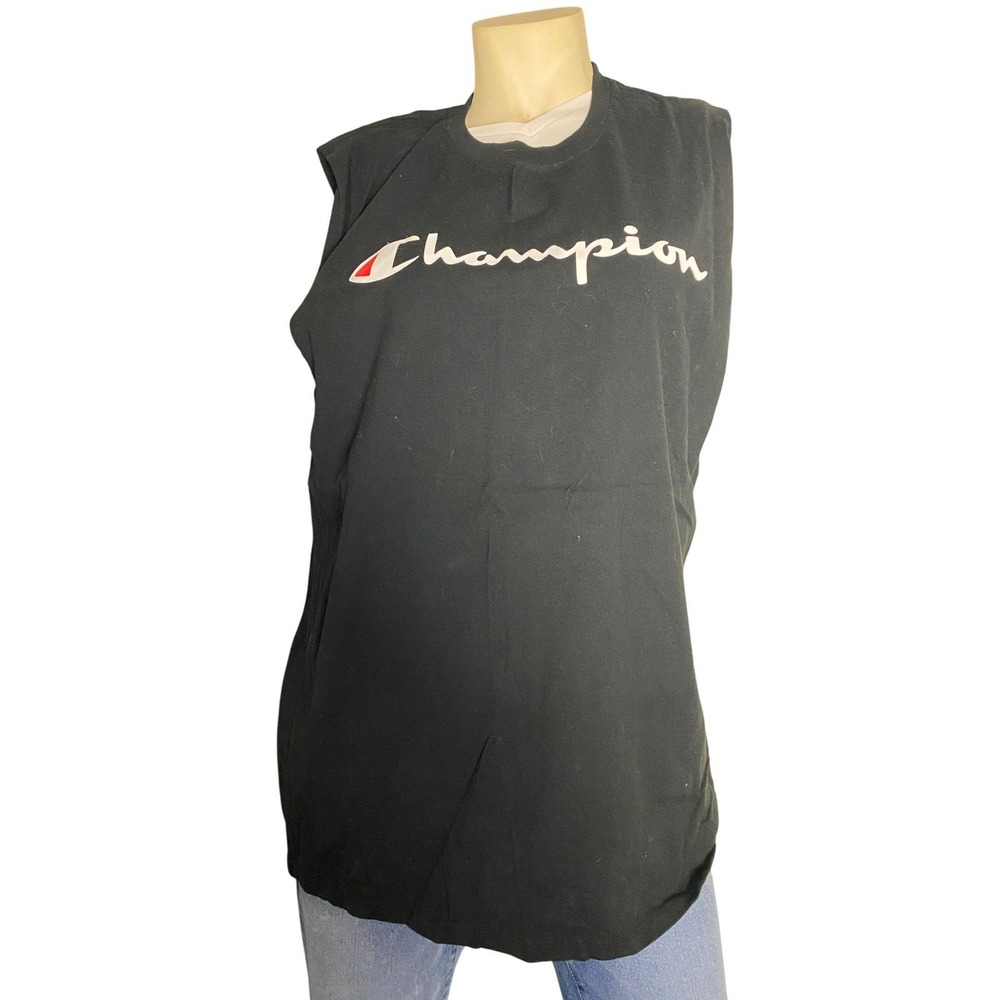 Champion Mens Script Logo Muscle Tee Tank Top Black Sleeveless Shirt Size XL